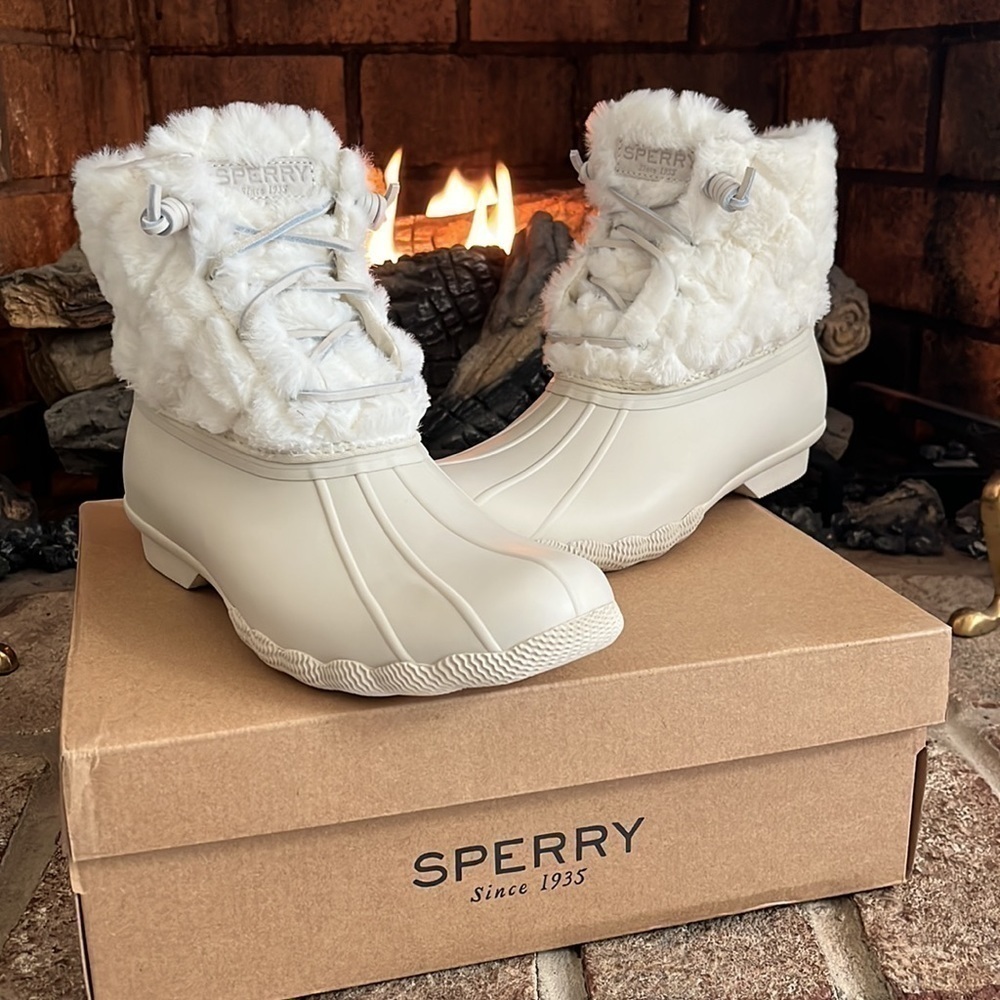 Brand New Sperry Saltwater Faux Fur Ivory Quilt Stitch Duck Boots Waterproof - Picture 2 of 16